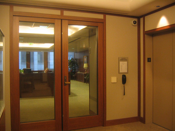 GPX Ballistic pair doors with cherry wood veneer by SAFTI FIRST at the private office in San Francisco