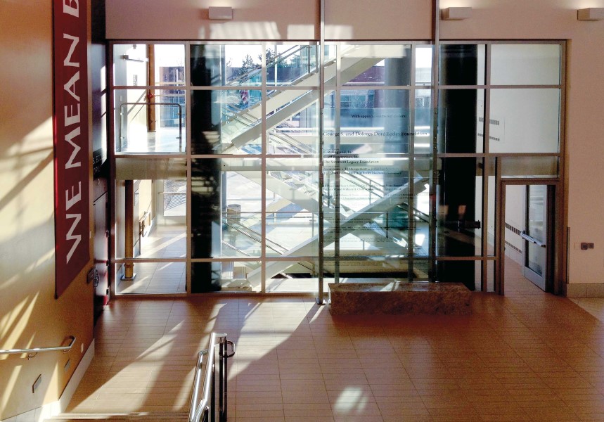 stairwell with glass wall and door at the University of Utah