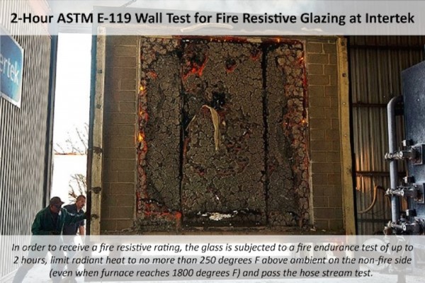 ASTM E-119 wall test on fire resistive glazing up to 2 hours